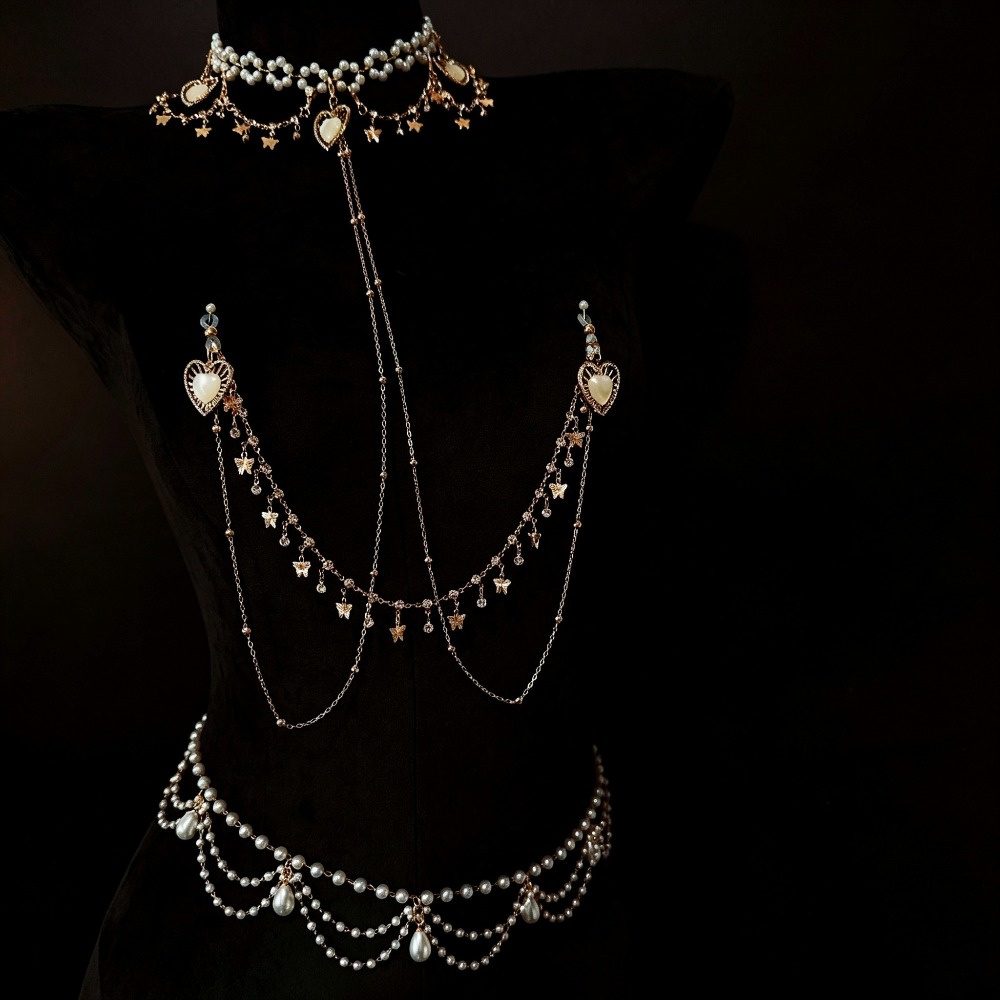 Body Jewelry Nipple Chain - Жемчужный чокер-цепочка на тело с подвеской-бабочкой